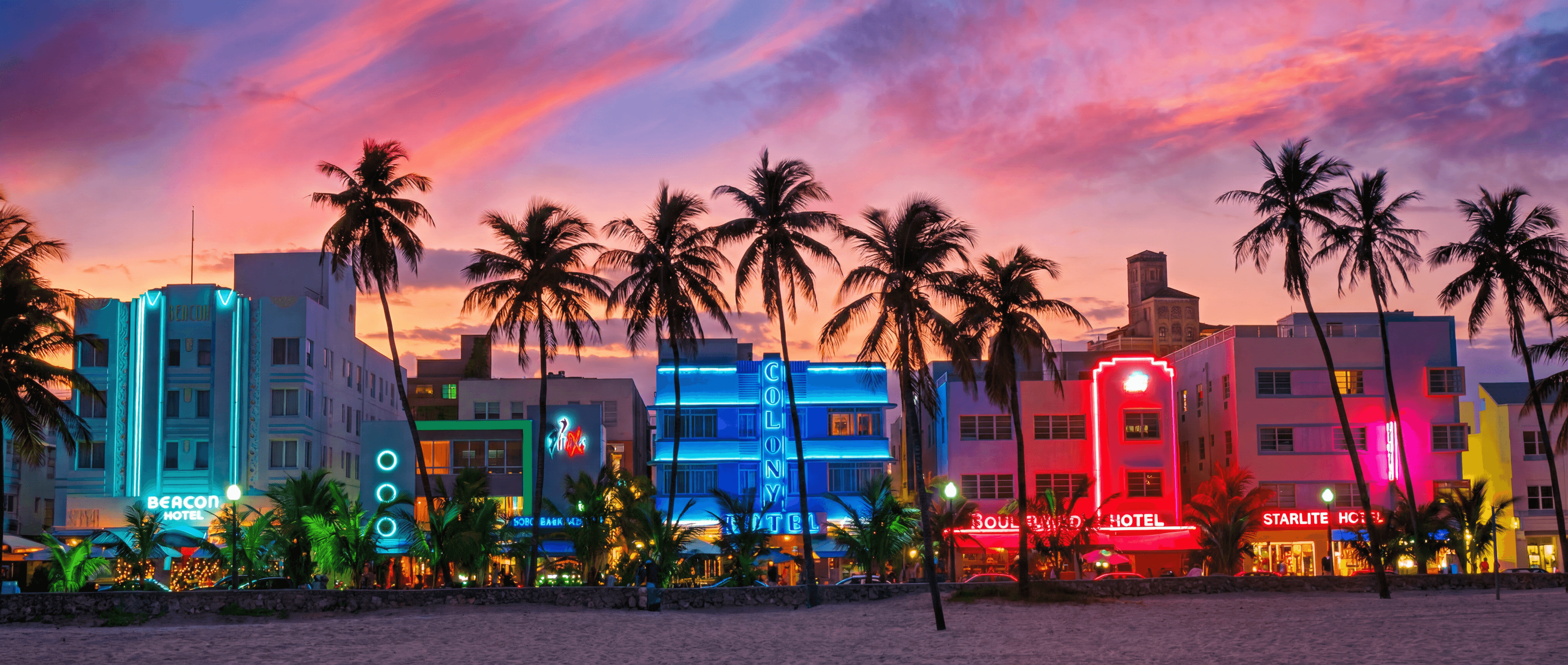 Ocean Drive, Miami Beach — palm trees and art deco buildings